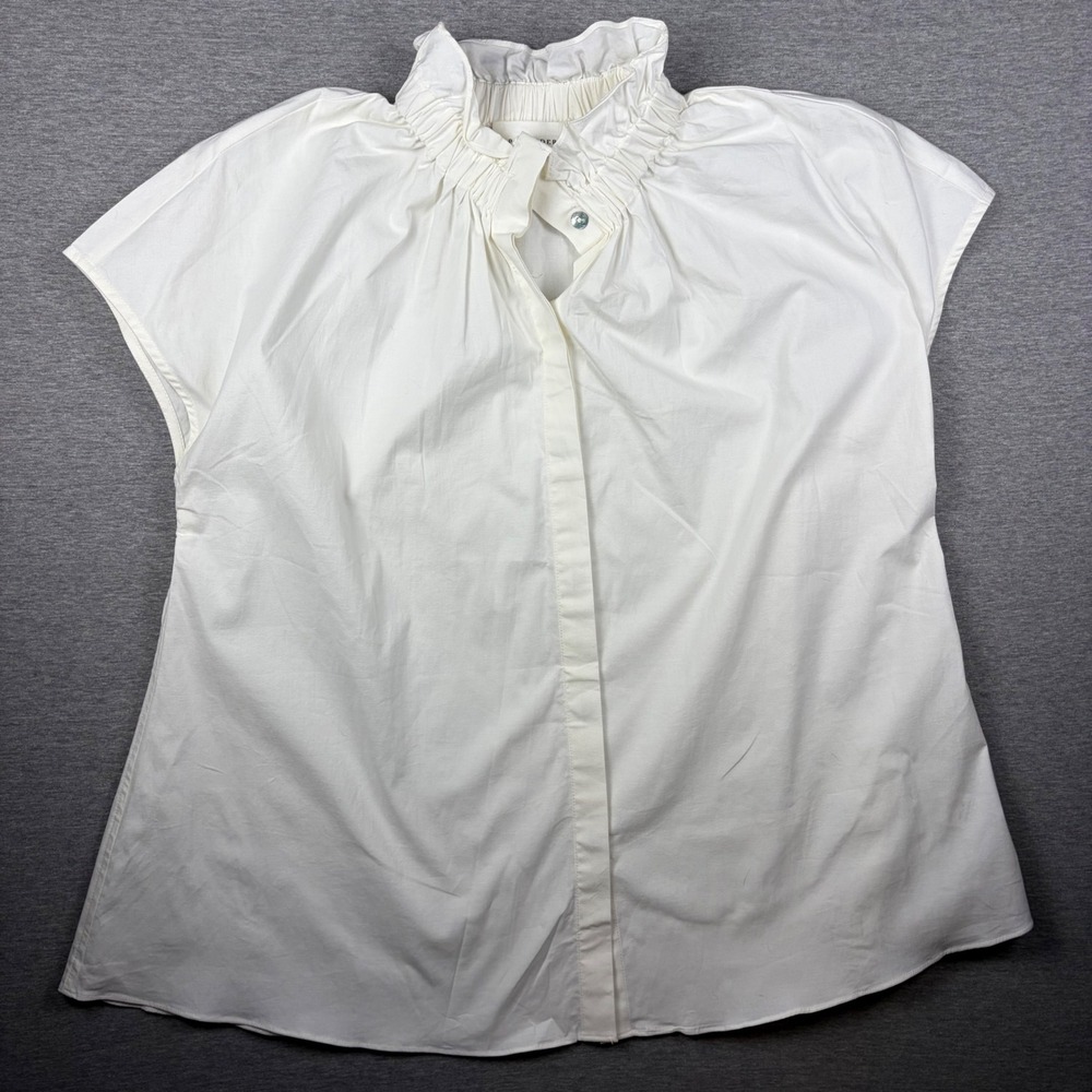 Pomander Place Rae Top Womens XS White Ruffle Neck Cap Sleeve Button Down